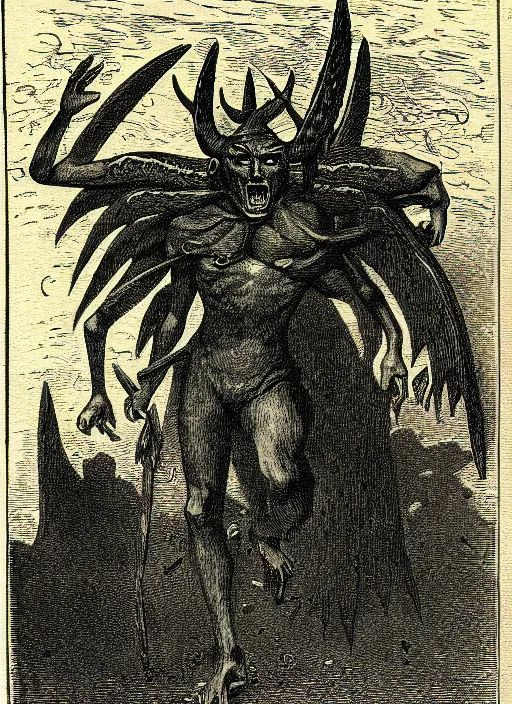 Image similar to illustration of shane madej as a demon from the dictionarre infernal, etching by louis le breton, 1 8 6 9, 1 2 0 0 dpi scan, ultrasharp detail, clean scan