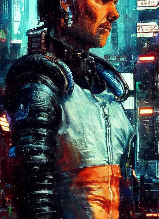 Image similar to cyberpunk space pilot character ( blade runner 2 0 4 9, dystopian, cyberpunk 2 0 7 7 character design ). attractive face. portrait by james gurney and laurie greasley and yoji shinkawa, oil on canvas. cinematic composition, hyper realism, realistic proportions, anatomy, dramatic lighting, photorealistic, high detail, 4 k