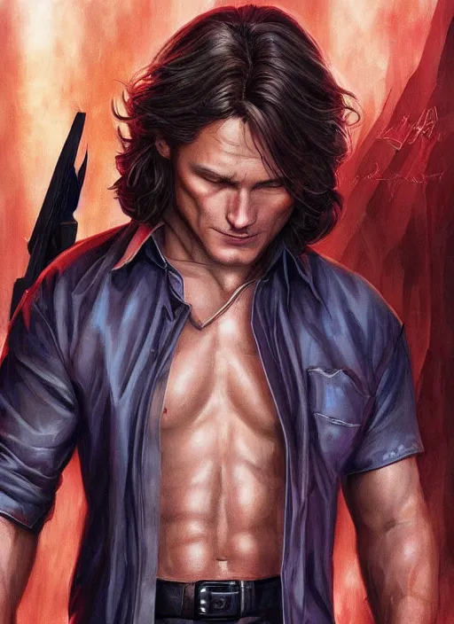 Image similar to handsome Sam Winchester as a muscular angel handcuffed, urban fantasy romance book cover, D&D!, fantasy style, sharp focus!, ultra detailed, art by Artgerm and Peter Andrew Jones, WLUP