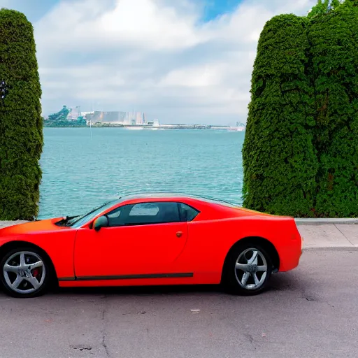 Prompt: professional high quality wide - angle image of a colorful sports car from the year 2 0 7 7. the car is badly damaged and crashed halfway headlong into the water at the stevedoring port. ( 2 0 7 7 kodachrome panavision ). the weather is very pretty. imax 7 0 mm, wide - angle.