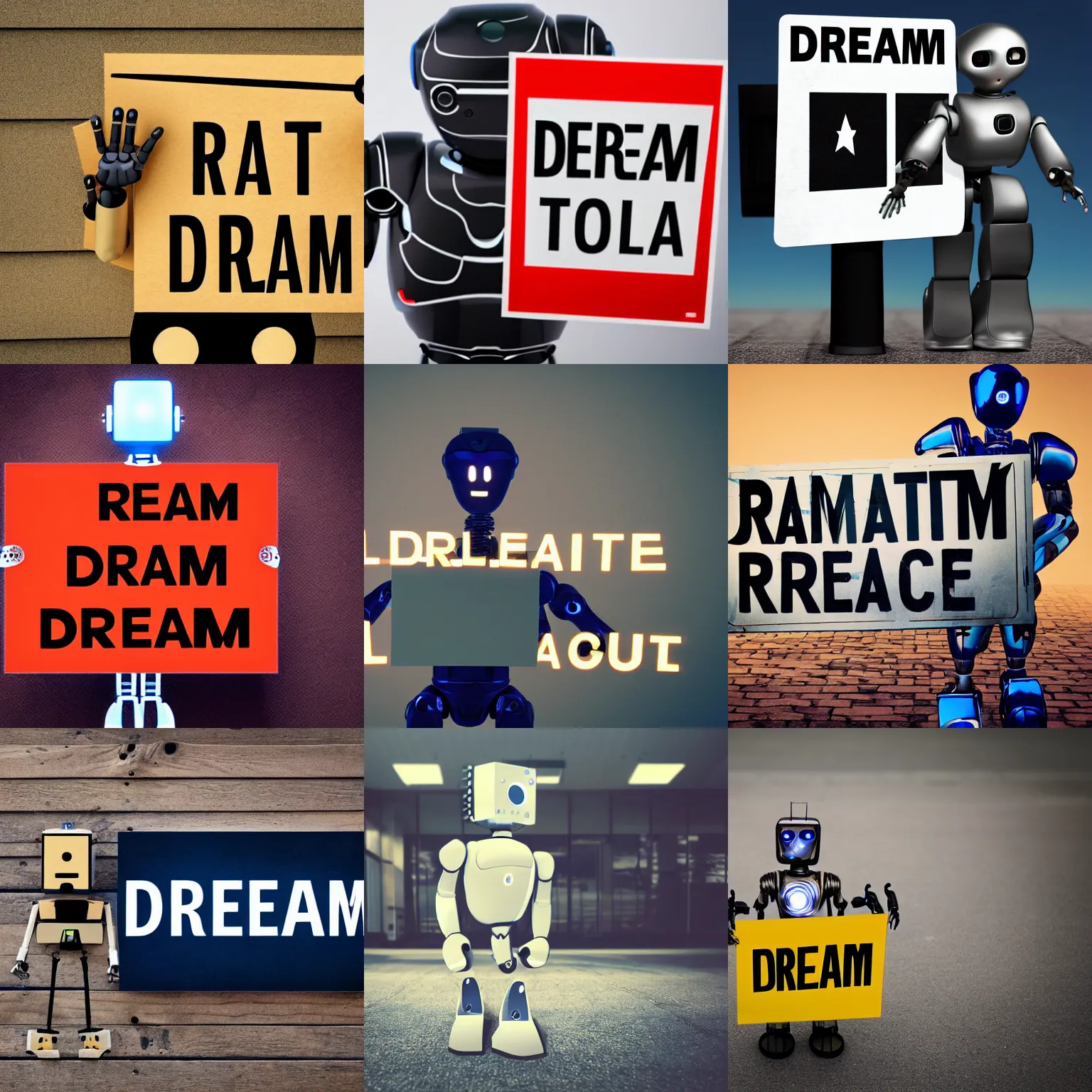 Image similar to artificial intelligence robot holding a sign with text that reads : dream