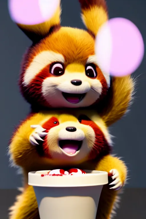 Image similar to high quality 3 d render hyperrealist very cute lowbrow happy red panda & hedgehog hybrid eating ice cream, vray smooth, detective pikachu, very dramatic light, low angle, uhd 8 k, shallow depth or field