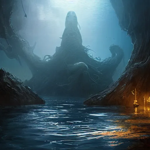 Image similar to c'thulhu awakening, beautiful water landscape, dramatic lighting, cinematic, establishing shot, extremly high detail, photorealistic, cinematic lighting, post processed, concept art, artstation, matte painting, style by greg rutkowsky