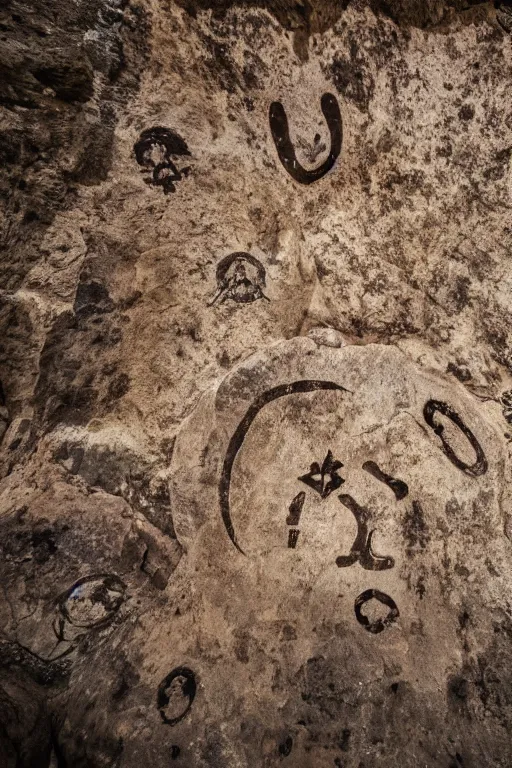 Image similar to 4 k photography of petroglyphs representing crosses, ufo, yin yang symbol on a cave