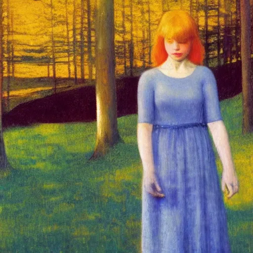 Prompt: a young girl lost in a blue golden forest, film still by edward hopper, by Bosch, by klimt, art noveau, highly detailed, strong lights, liminal, eerie, Bright pastel colors