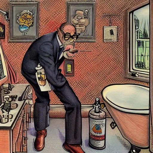 Prompt: The Artwork of R. Crumb and his Cheap Suit mixing whiskey in the bathtub, pencil and colored marker artwork, trailer-trash lifestyle