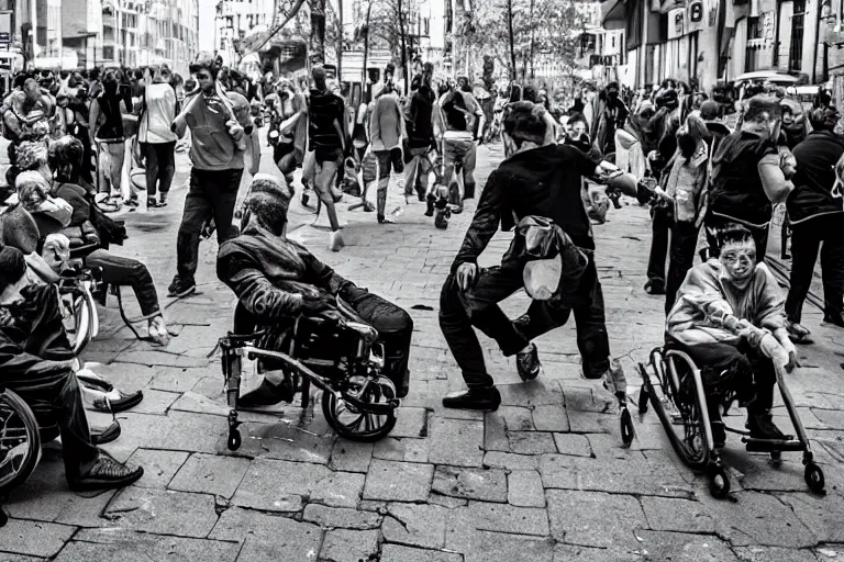 Prompt: riot of paraplegic people, street photography, detailed realistic photography