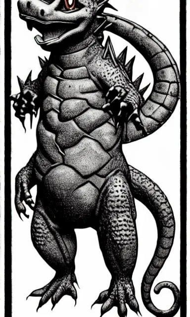 Image similar to charmander as a d & d monster, full body, pen - and - ink illustration, etching, by russ nicholson, david a trampier, larry elmore, 1 9 8 1, hq scan, intricate details, stylized border