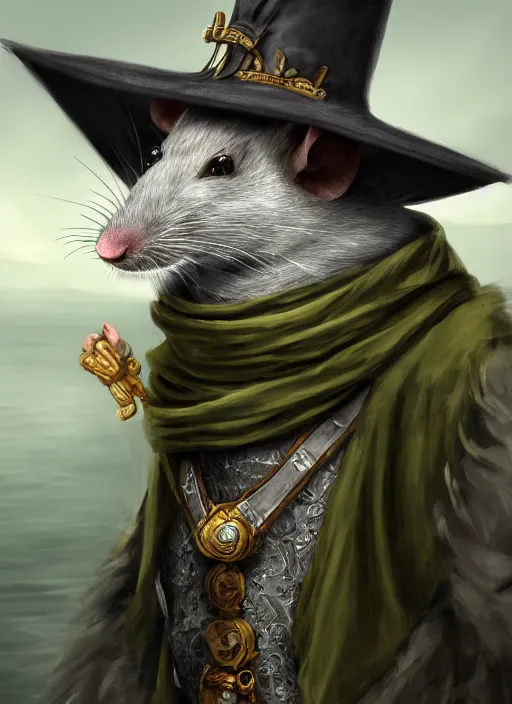 Image similar to gray rat standing on two legs, gray beard, serious, mean eyes, wearing jewelry, tricorne hat, green robe, D&D, digital art, realistic, trending on artstation, 4k, sea in the background