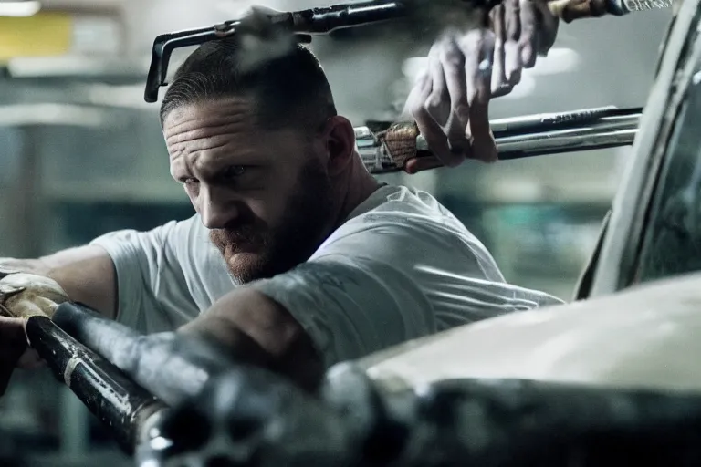 Image similar to film still of Tom Hardy as Max Payne in a body shop garage holding a baseball bat in the Max Payne movie, 4k