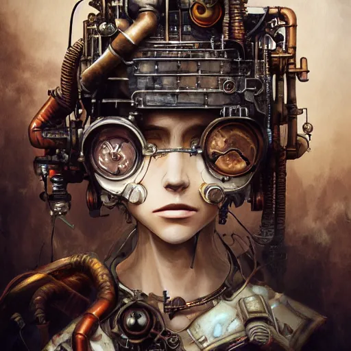 Prompt: portrait painting of a steampunk cyborg drug addict, transhumanism, ultra realistic, concept art, studio ghibli, intricate details, eerie highly detailed