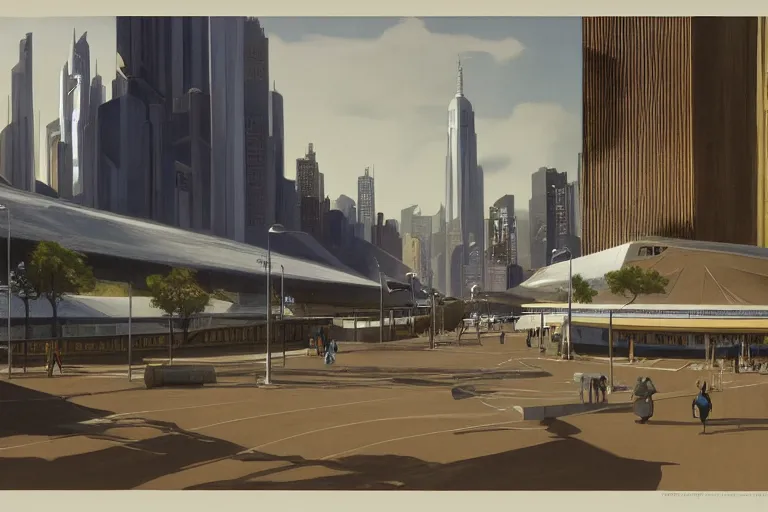 Image similar to ralph mcquarrie concept art for melbourne city landcsape