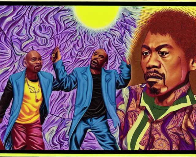 Image similar to A photo of Dave Chappelle, Kayne West, and Jackie Chan doing LSD, By Rainer Hosch, and Alex Grey