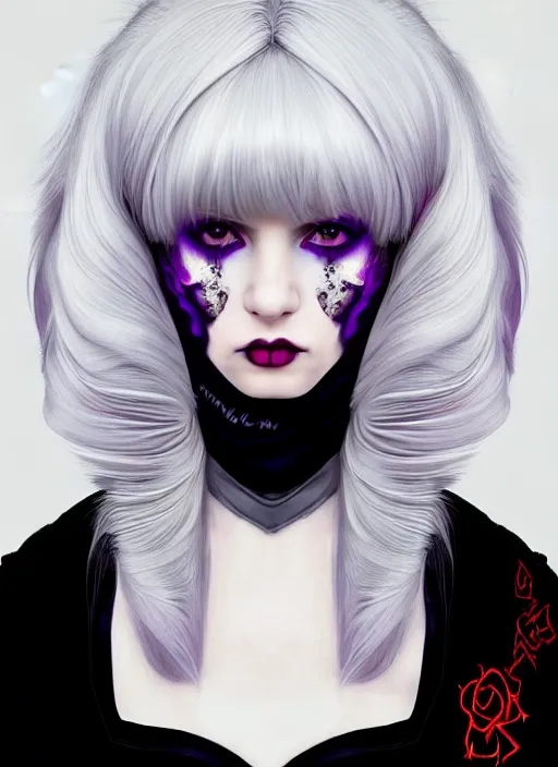 Image similar to portrait of white teenage girl, normal face, black bangs, mall goth, cyberlox, black and white hair, bangs, fluffy bangs, red contacts, purple lipstick, intricate, elegant, highly detailed, digital painting, artstation, concept art, sharp focus, smooth, illustration, art by wlop, mars ravelo and greg rutkowski