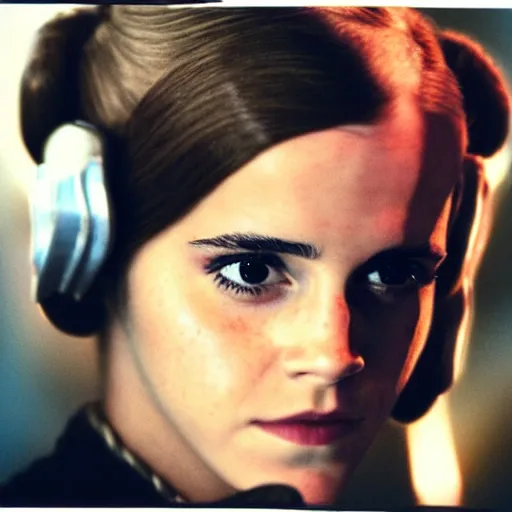 Image similar to film still of emma watson as princess leia organa in star wars, polaroid, photography, film, kodak