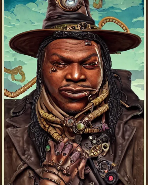 Image similar to a detailed portrait illustration of a steampunk witch - doctor. rugged black male face. fat, muscular. art nouveau, pop art, comic book style. influenced by neil gaiman, h. p. lovecraft, dan mumford, boris vallejo, vadim voitekhovitch, killian eng, ross tran.