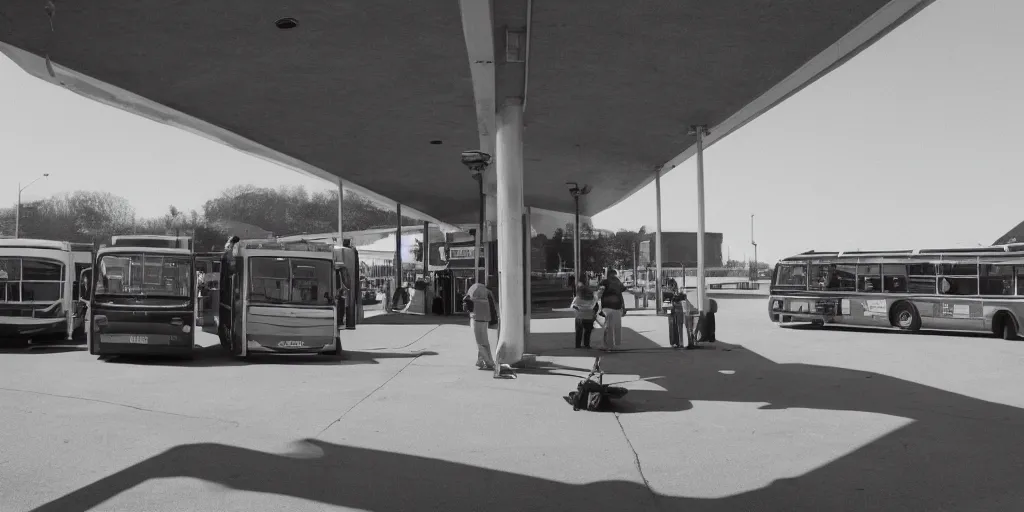 Image similar to port byron travel plaze bus station, leica, 2 4 mm lens, cinematic screenshot from the 2 0 0 1 surrealist film directed by charlie kaufman, kodak color film stock, f / 2 2, 2 4 mm wide angle anamorphic