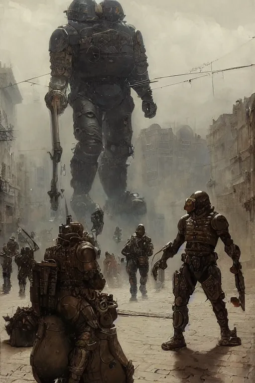 Prompt: soldiers on city street observe a martyn ford as a huge bipedal martian wearing armour, painted by ruan jia, raymond swanland, lawrence alma tadema, zdzislaw beksinski, norman rockwell, jack kirby, tom lovell, alex malveda, greg staples