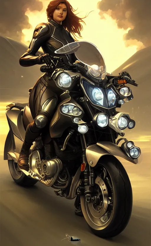 Image similar to Police female riding yamaha motorcycle, sci-fi, highly detailed, digital painting, artstation, concept art, smooth, sharp focus, illustration, art by artgerm and greg rutkowski and alphonse mucha