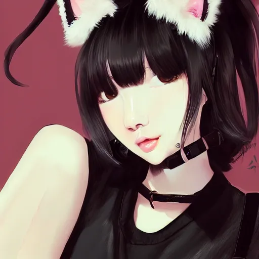 Image similar to realistic beautiful gorgeous natural cute Blackpink Lalisa Manoban black hair cute fur black cat ears, wearing white camisole, headphones, black leather choker artwork drawn full HD 4K highest quality in artstyle by professional artists WLOP, Taejune Kim, Guweiz on Artstation Pixiv