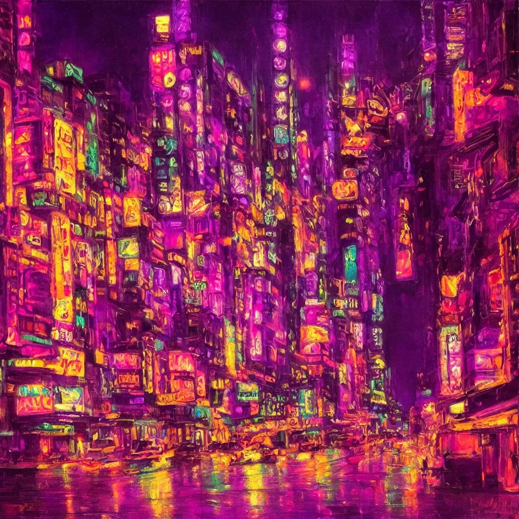 Image similar to a neon cityscape of purple in the style of delphin enjolras. night life. seedy. intricate. highly detailed.