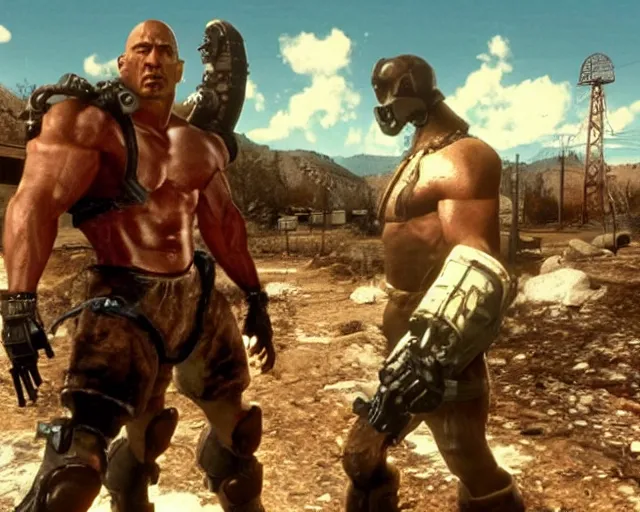 Prompt: Speaking with Fallout talking head of Dwayne Johnson, screenshot from Fallout (1997)