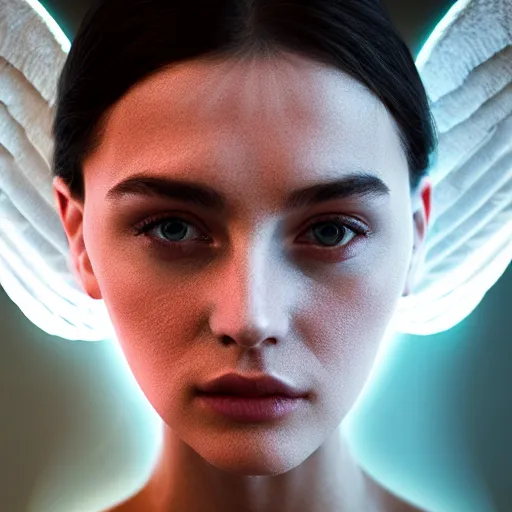 Image similar to portrait art of female angel, art by alessio albi 8 k ultra realistic, angel wings, lens flare, atmosphere, glow, detailed, intricate, full of colour, led lighting, trending on artstation, 4 k, hyperrealistic, focused, extreme details, unreal engine 5, masterpiece