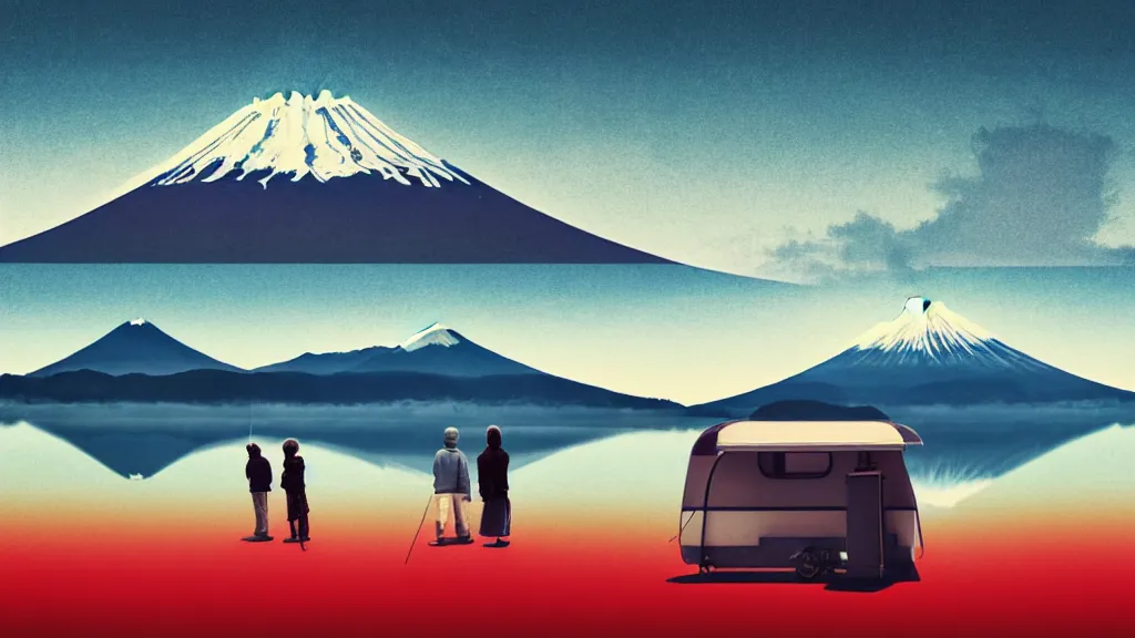 Image similar to a scene of two travellers and their camper touring overlook at the edge of yamanaka lake, reflecting mount fuji and a dramatic sky, japan, a collage painting, in the style of wes anderson, lola dupre, david hockney, isolated on negative white space background dark monochrome neon spraypaint accents volumetric octane render