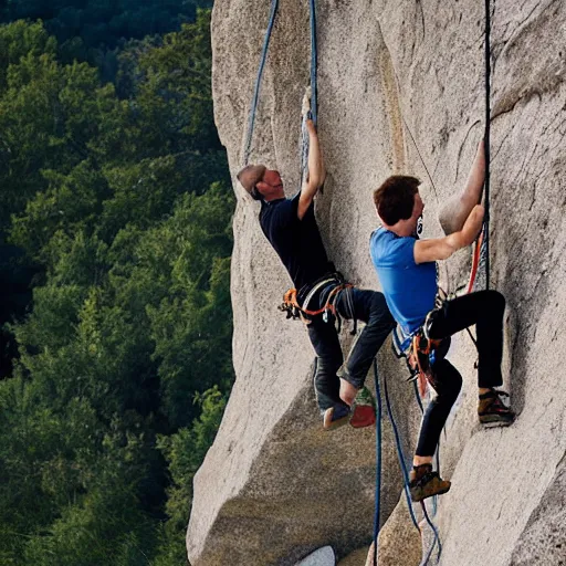 Image similar to two men rock climbing, photorealistic