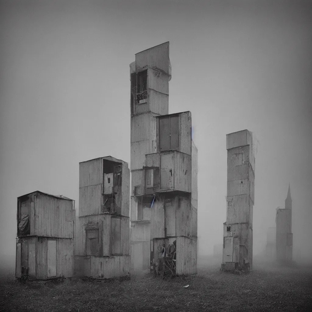 Image similar to two towers, made up of makeshift squatter shacks with pastel colours, misty, dystopia, mamiya rb 6 7, fully frontal view, very detailed, photographed by trent parke