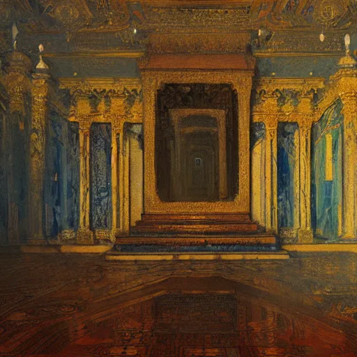 Prompt: a painting of a throne room , tiled floor a raytraced image by Mikalojus Konstantinas Čiurlionis, by Edward Okun, Gustave Moreau , metaphysical painting, hall of mirrors, Hungarian,ominous, dark, concept art, oil painting, blurred