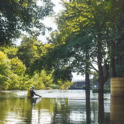 Prompt: a man fishing into a river with trees and a sci - fi containment building in the background, a sense of hope and optimism, monumental, harsh sunlight