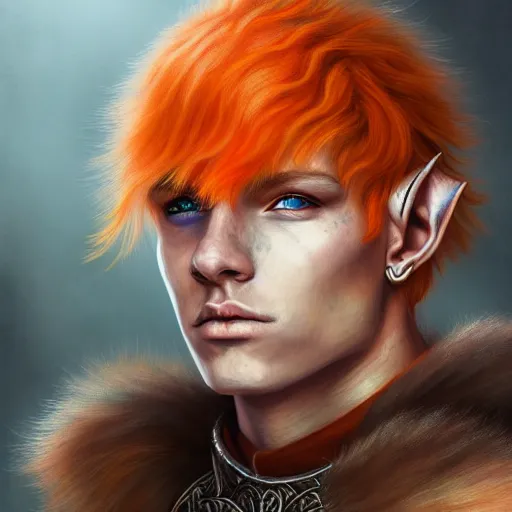 Image similar to portrait painting of an elven male teenager with short light orange hair and tribal tattoos on his face wearing fur armor, sharp focus, award - winning, trending on artstation, masterpiece, highly detailed, intricate. art by aurore folny
