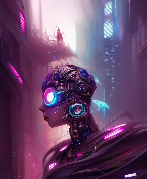 Image similar to whirlwind souls rushing inside metaverse, half body, tiara, robotic, android, cyborg, cyberpunk face, steampunk, by loish, d & d, fantasy, intricate, elegant, highly detailed, colorful, vivid color, digital painting, artstation, concept art, art by artgerm and greg rutkowski and ruan jia