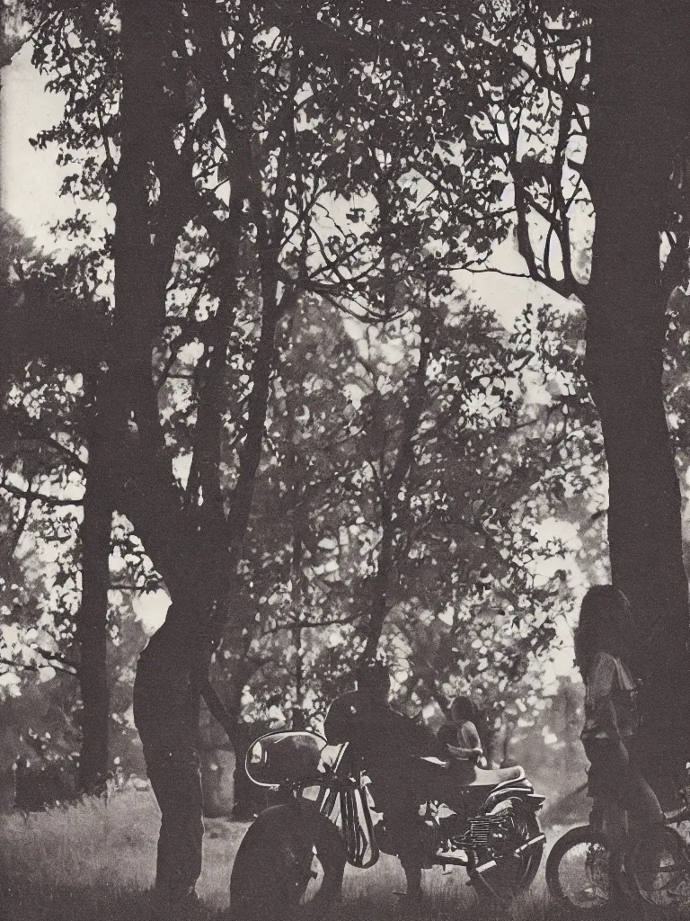 Prompt: a boy and a girl side by side, a strong beam of light between their faces, nostalgic, night, some trees and a motorcycle in the background, dramatic reddish light, atmospheric, 1 9 7 0 s magazine illustration