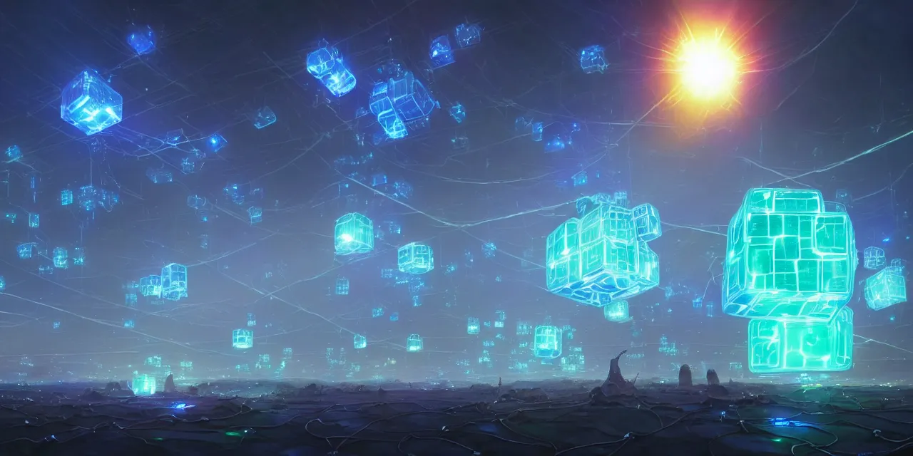 Image similar to a fleet of giant glowing futuristic circuit cubes tied to each other with lots of glowing chains in the sky, thick glowing chains, light rays bouncing between cubes, a fantasy magical landscape seen in the distance, atmospheric lighting, intricate, volumetric lighting, beautiful, sharp focus, ultra detailed, in the art style of marc simonetti, bowater charlie and brom gerald, astrophotography