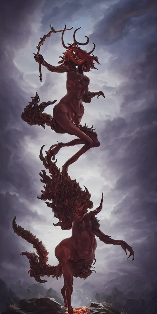 Image similar to partial ecorche female centaur demon with scoliosis and curved horns and fiery eyes on a pedestal, upshot, dramatic cinematography, volumetric lighting, dark curly hair, by peter mohrbacher, smoke, slime, dark