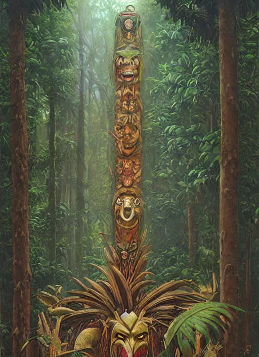 Image similar to a totem in the jungle representing amazonian shamanic tradition, tribal masks, totem, hyper detailed, art by christophe vacher