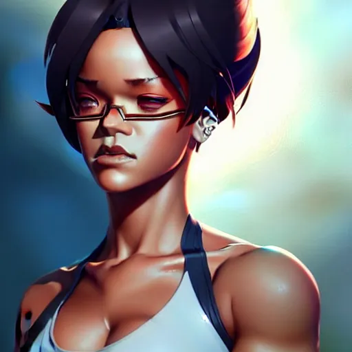 Image similar to buff rihanna, portrait shinkai makoto studio ghibli studio key hideaki anno sakimichan stanley artgerm lau rossdraws james jean marc simonetti elegant highly detailed digital painting artstation pixiv