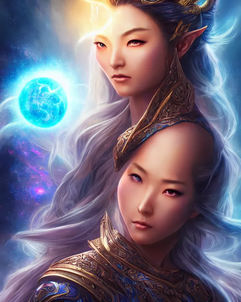 Image similar to beautiful cinematic fantasy poster, asian goddess of light and love, beautiful glowing galaxy eyes, hybrid from The Elden Ring and art direction by Darius Zawadzki ;by artgerm; wayne reynolds art station; cinematic quality character render; low angle; ultra high quality model; production quality cinema model;