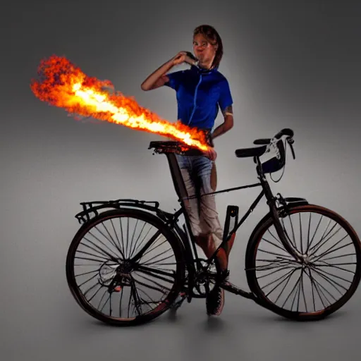 Prompt: a bicycle with a flamethrower, artistic photorealistic