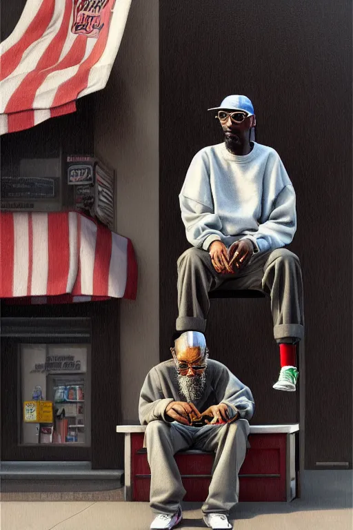 Prompt: an old man sitting in front of a barber shop, smoking a weed with snoop dogg!!, realism, intricate, elegant, highly detailed, digital painting, artstation, concept art, smooth, sharp focus, illustration, art by joongwon charles jeong and mike dargas