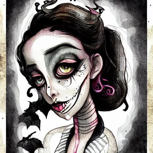 Image similar to a rotten smug exclusivists female, black ink line art and watercolor, intricate, digital painting, concept art, smooth, focus, rim light style tim burton