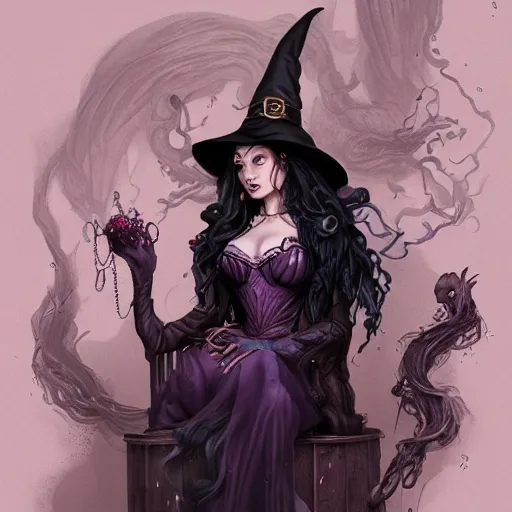 Prompt: an insanely detailed portrait of a beautiful witch standing in an alchemy lab, long purple hair, tightly fitting black ornate dress and black witch hat, in the style of peter mohrbacher, artgerm, dramatic lighting and composition, octane render, trending on artstation, concept art 8 k