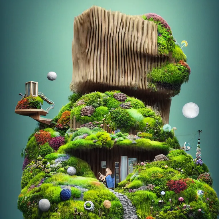 Image similar to tiny house by kengo kuma on island, sea cloud, surreal art by gediminas pranckevicius, geof darrow, jason naylor, dark shadows, hard lighting, floralpunk flower and green plants garden, inking, etching, screen print, masterpiece, trending on artstation, sharp, colorful high contrast hd, 8 k hyper detailed