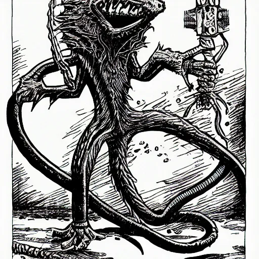 Image similar to electric rat with lightning bolt tail, a D&D monster, full body, pen-and-ink illustration, etching, by Russ Nicholson, DAvid A Trampier, larry elmore, 1981, HQ scan, intricate details, Monster Manula, Fiend Folio