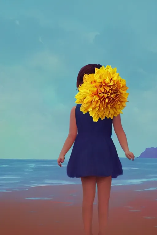 Image similar to closeup girl with huge yellow dahlia flower face, on a beach, surreal photography, blue sky, sunrise, dramatic light, impressionist painting, digital painting, artstation, simon stalenhag