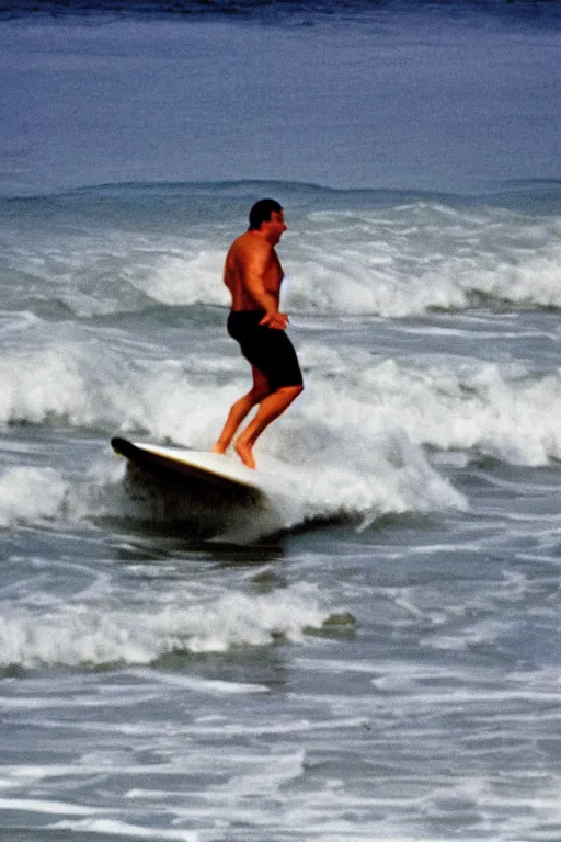 Prompt: full shot of Jabba the Hutt surfing on the beach, 100mm telephoto lens, Kodak Portra