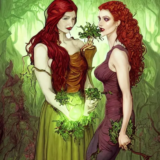 Prompt: a beautiful picture of doctor poison ivy professor of botany and doctor liliana vess professor of demonology having lunch, academic clothing, dark eyeliner, intricate, elegant, highly detailed, digital painting, artstation, concept art, matte, sharp focus, illustration, art by rebecca guay and by jacque louis david, in the style of magic the gathering