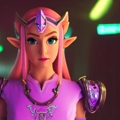 Prompt: high quality photo of princess zelda in a cyberpunk cyberpunk cyberpunk city realism 8k award winning photo